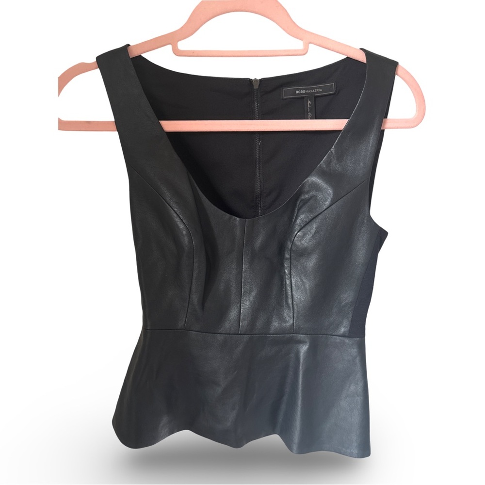 BCBGMAX Black Leather Peplum Top